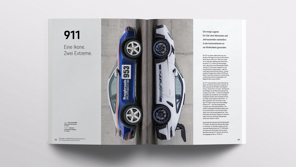 Photo: Porsche Magazine 2022: Double page with the title "One icon. Two extremes."