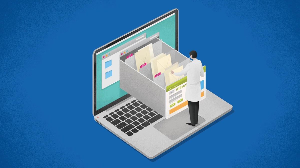 Illustration: Deutsche Telekom: Mensch steht vor einem Laptop und sortiert E-Mails