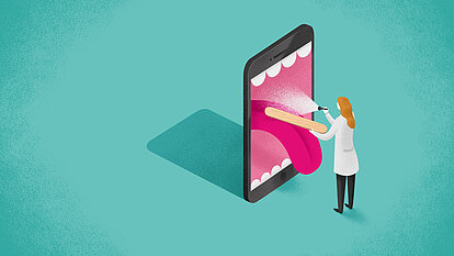 Illustration: Deutsche Telekom: Doctor examines tongue from smartphone with wooden stick and lamp