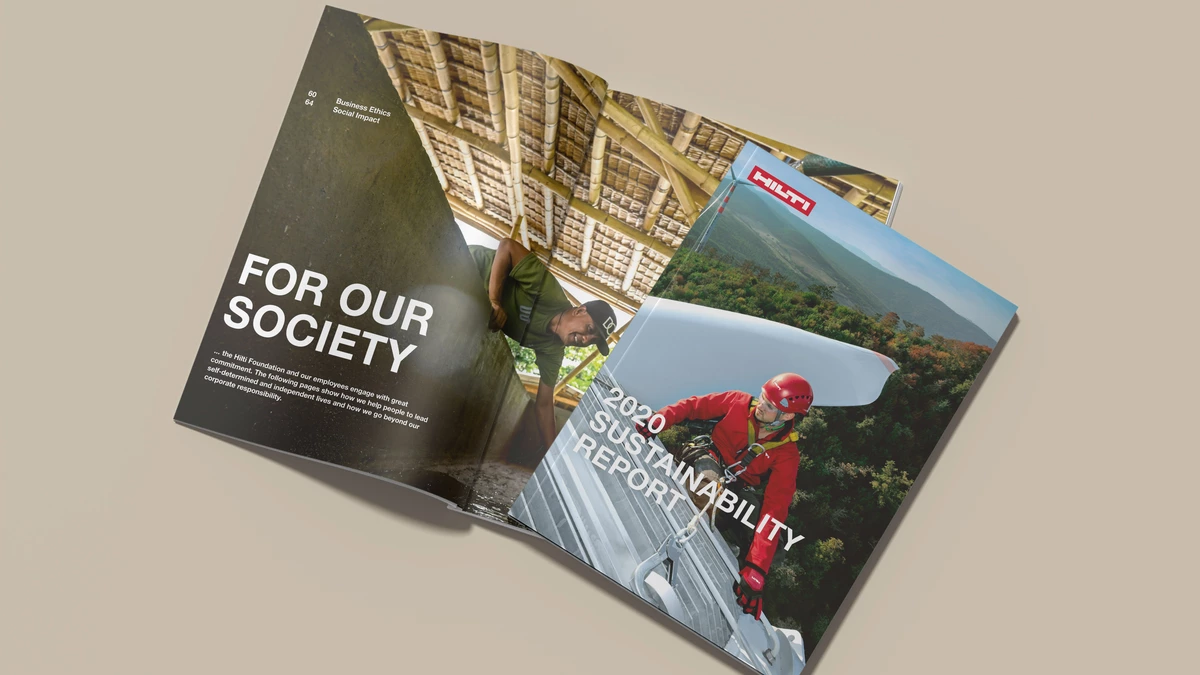 Foto: Hilti Nachhaltigkeitsbericht 2020: aufgeklappter Bericht