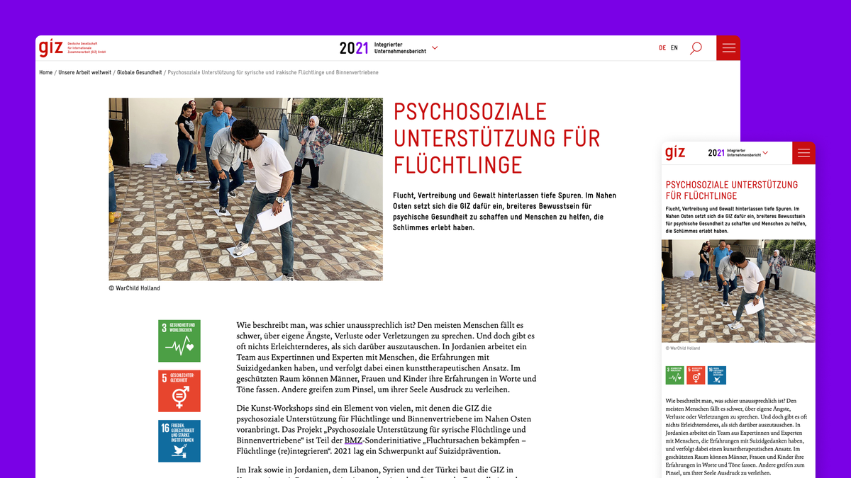 Grafik: Seite des Integrierten Berichtes 2021 der GIZ jeweils im Desktop und im Smartphone-Format.