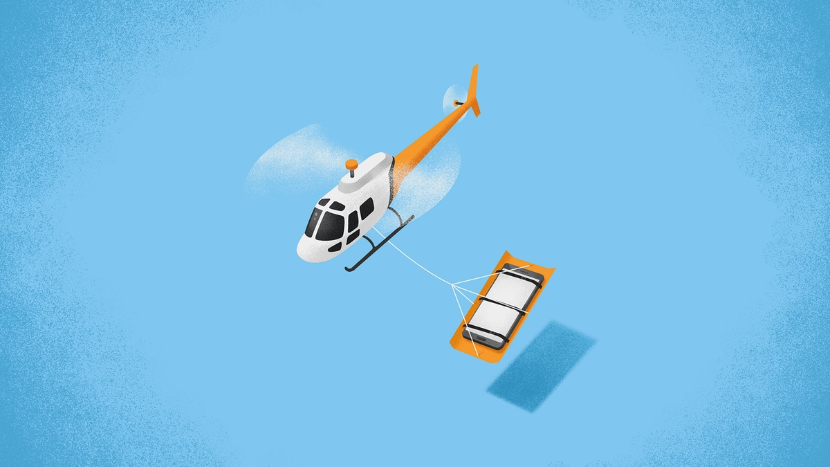 Illustration: Deutsche Telekom: Rettungshubschrauber transportiert ein Smartphone