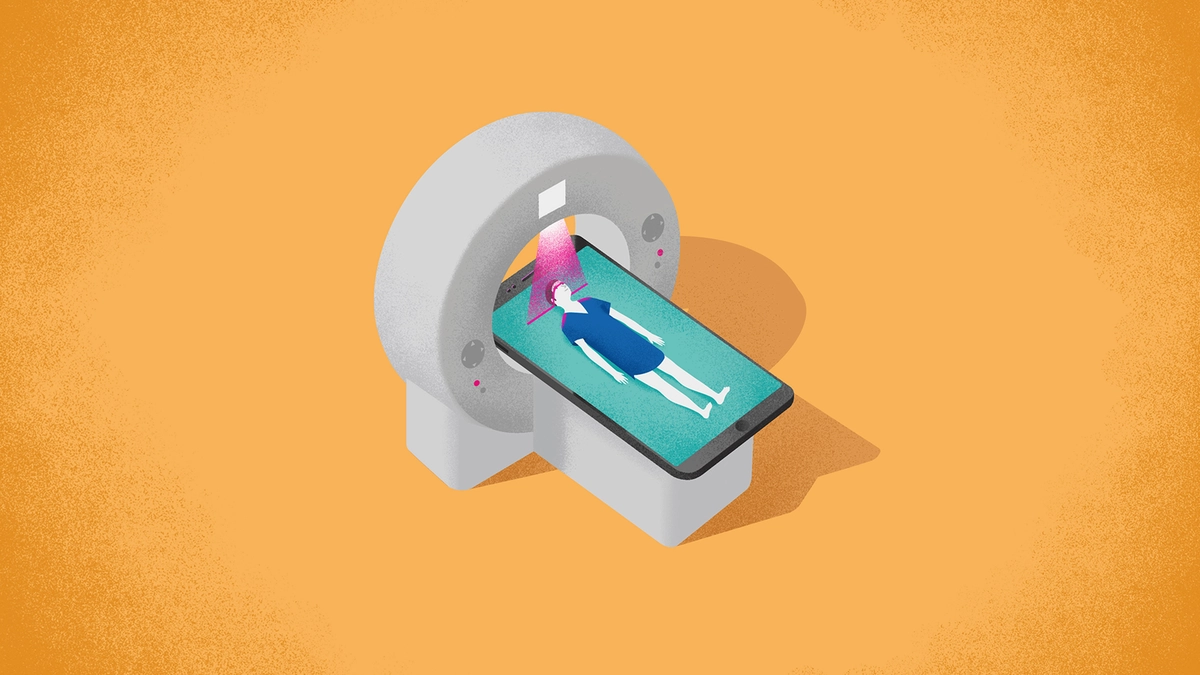 Illustration: Deutsche Telekom: Eine Person liegt auf einem Smartphone und wird gescannt