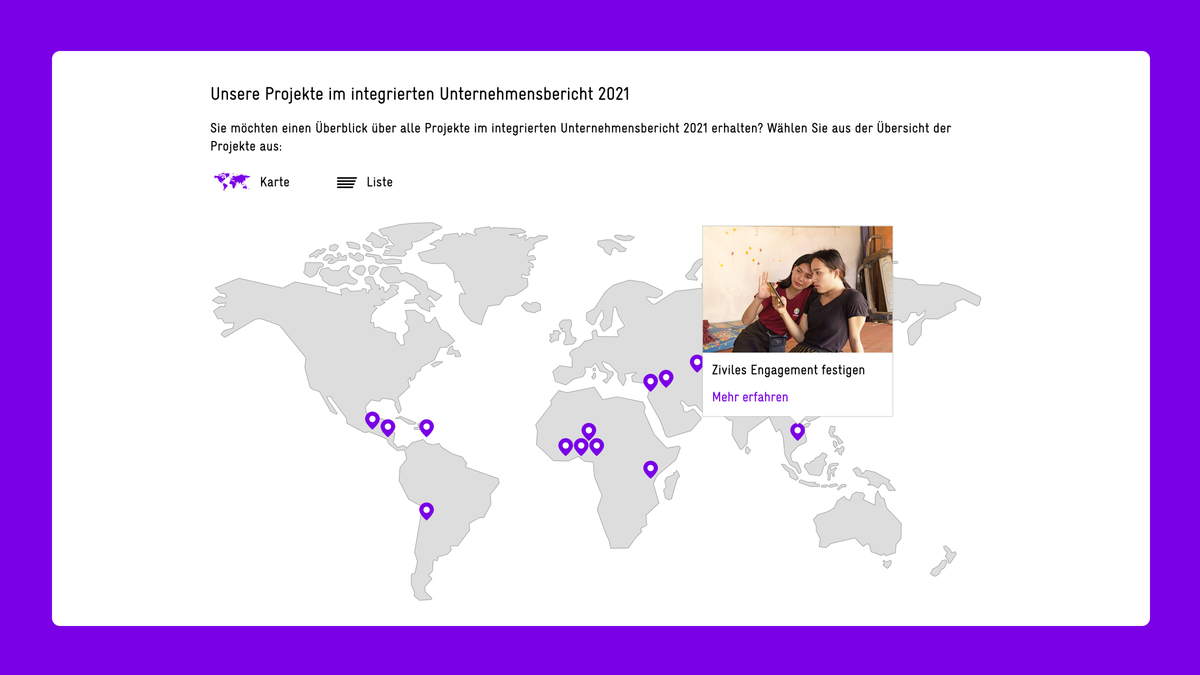 Grafik: Projekte der GIZ sind auf einer Weltkarte angepinnt.