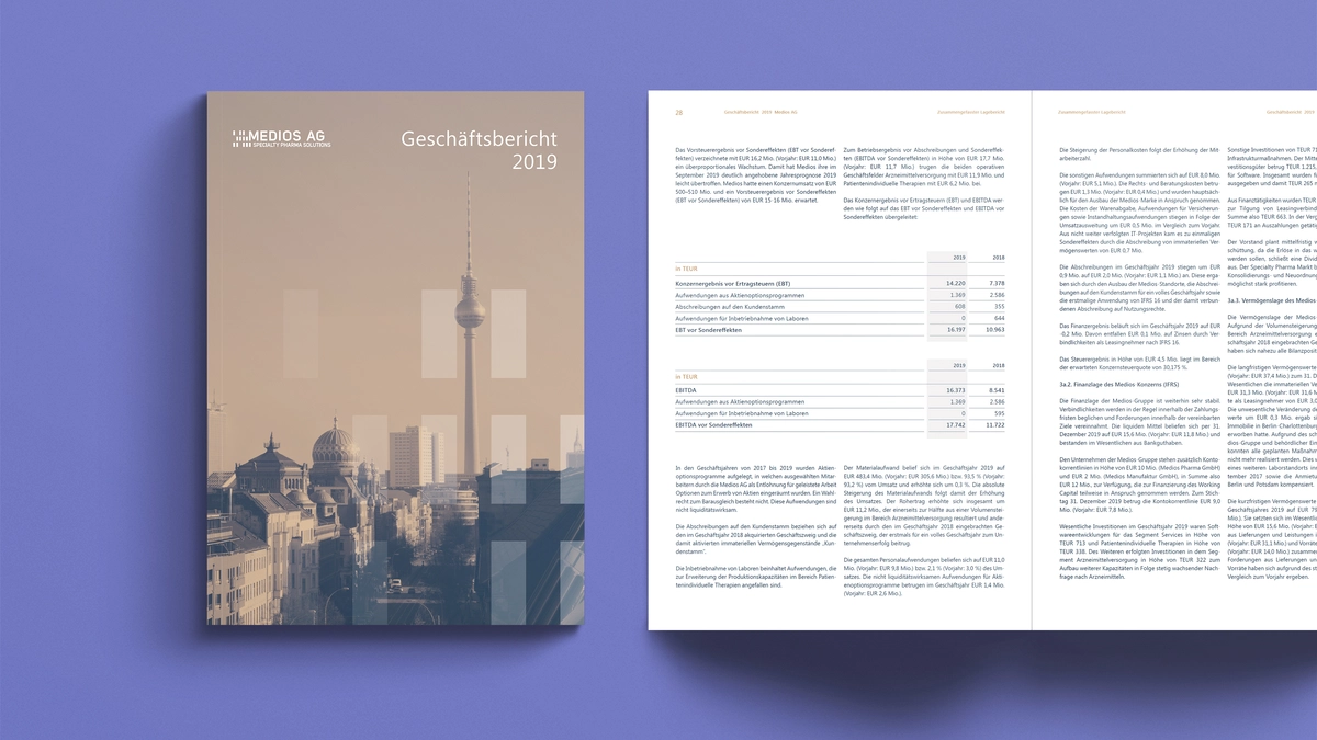 Foto: Medios: Geschäftsbericht 2019 Cover und aufgeschlagene Seite mit finanziellen Daten