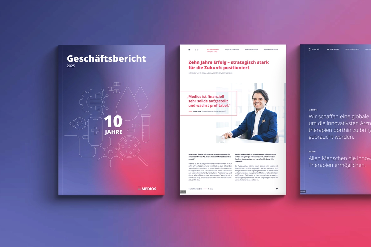 Photo: Medios: Annual Report 2019 cover and open page with financial data 