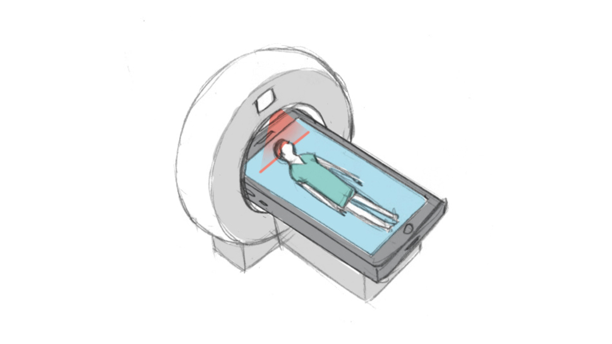 Illustration: Deutsche Telekom: A person lies on a smartphone and is scanned
