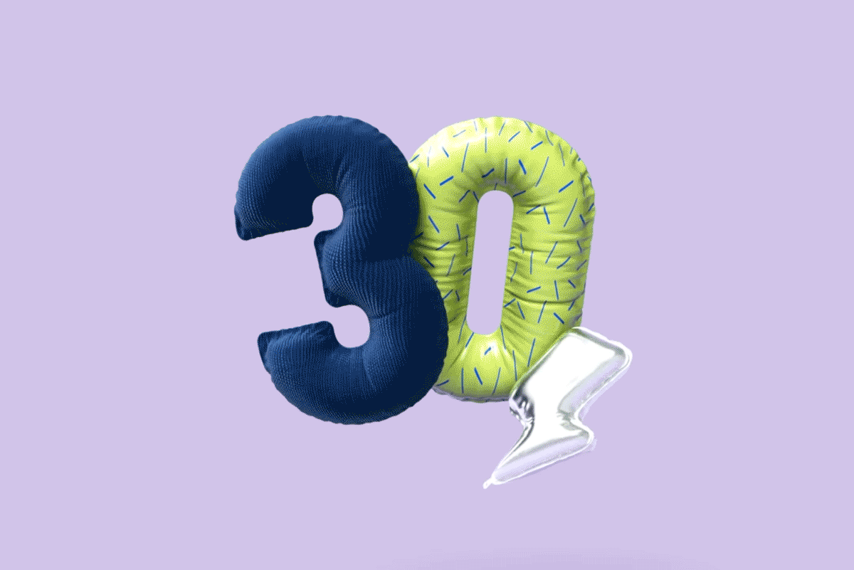 Foto: Kirchhoff wird 30 Jahre. 3D Visual mit 30 als Ballon und mit einem Blitz