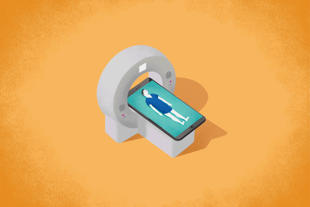 Animation: Deutsche Telekom: Illustration: A person lies on a smartphone and is scanned