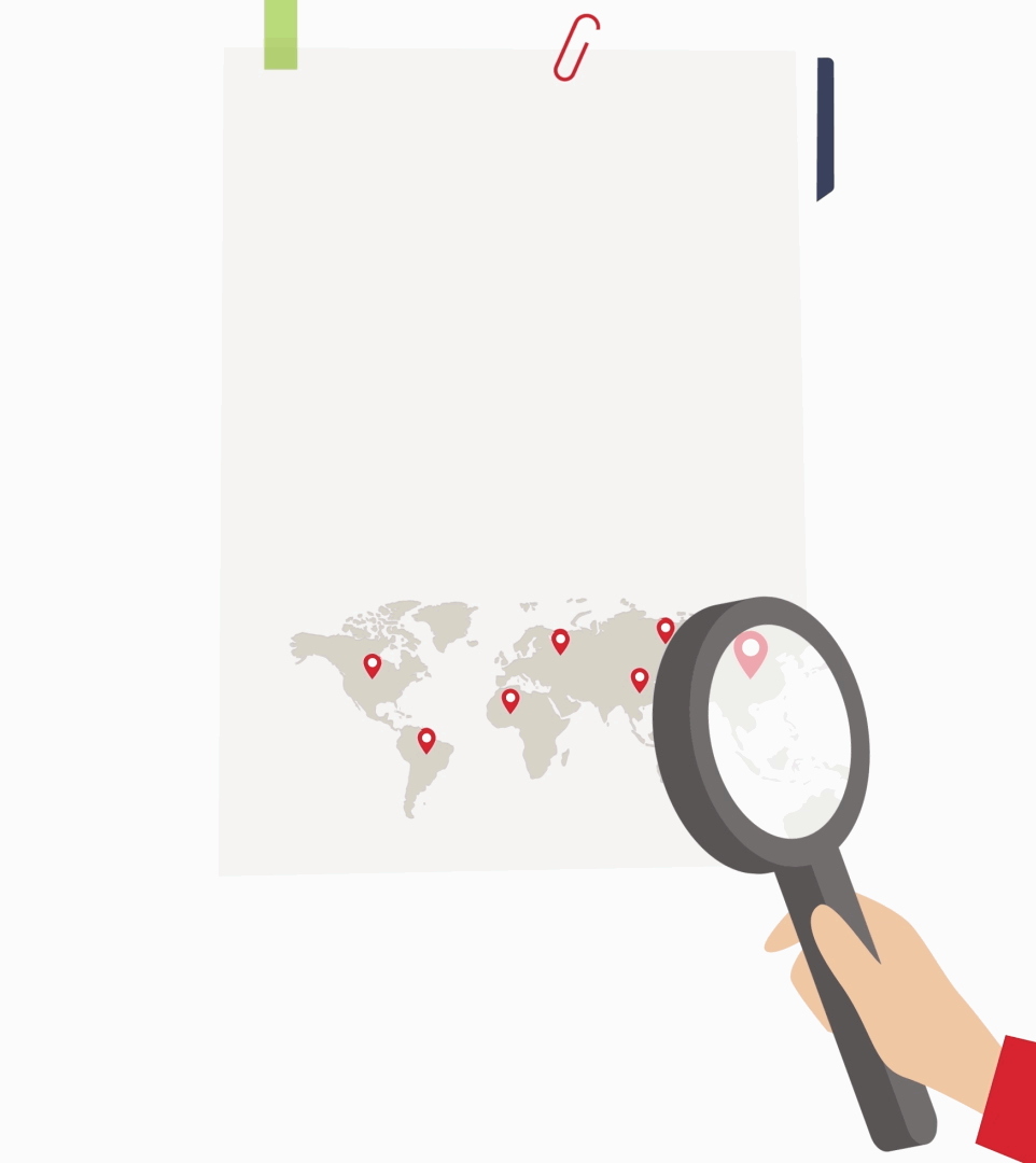 Grafik: Hilti Code of Conduct: Lupe vor einer Weltkarte
